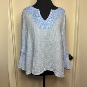 Bohemian Summer Blue And White Striped Embroidered V Neck Bell Sleeves Tunic Top